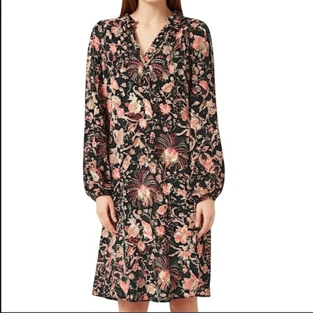 H&M Boho Black Multi Floral Women's Ruffle Collar Midi Flowy Dress Sz 12